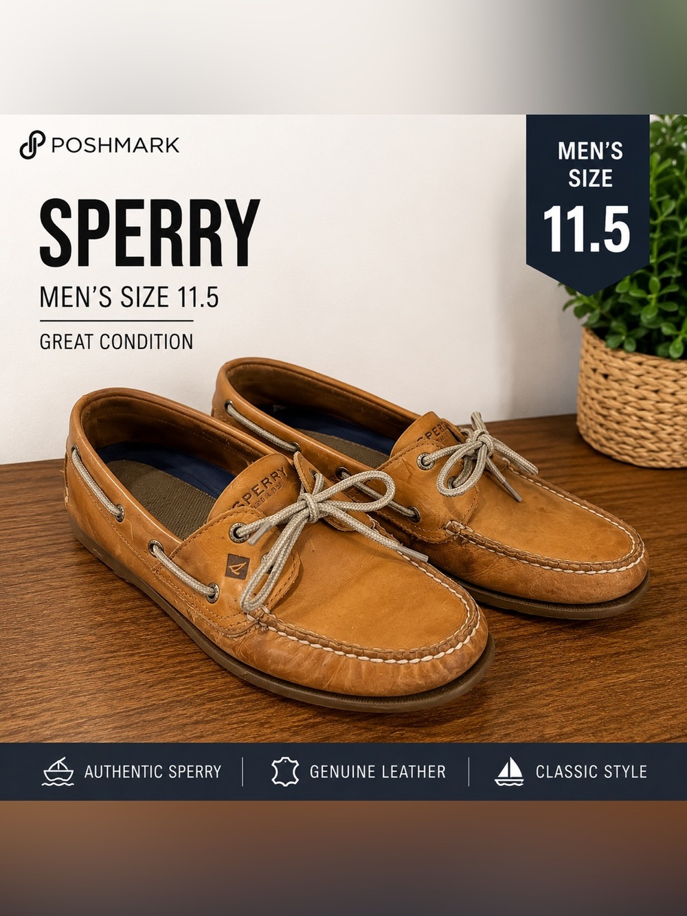 Sperry Men's Cognac Leather Boat Shoes with Contrast Laces